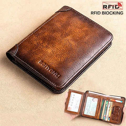 Multi-functional RFID Blocking Waterproof Durable Genuine Leather Wallet