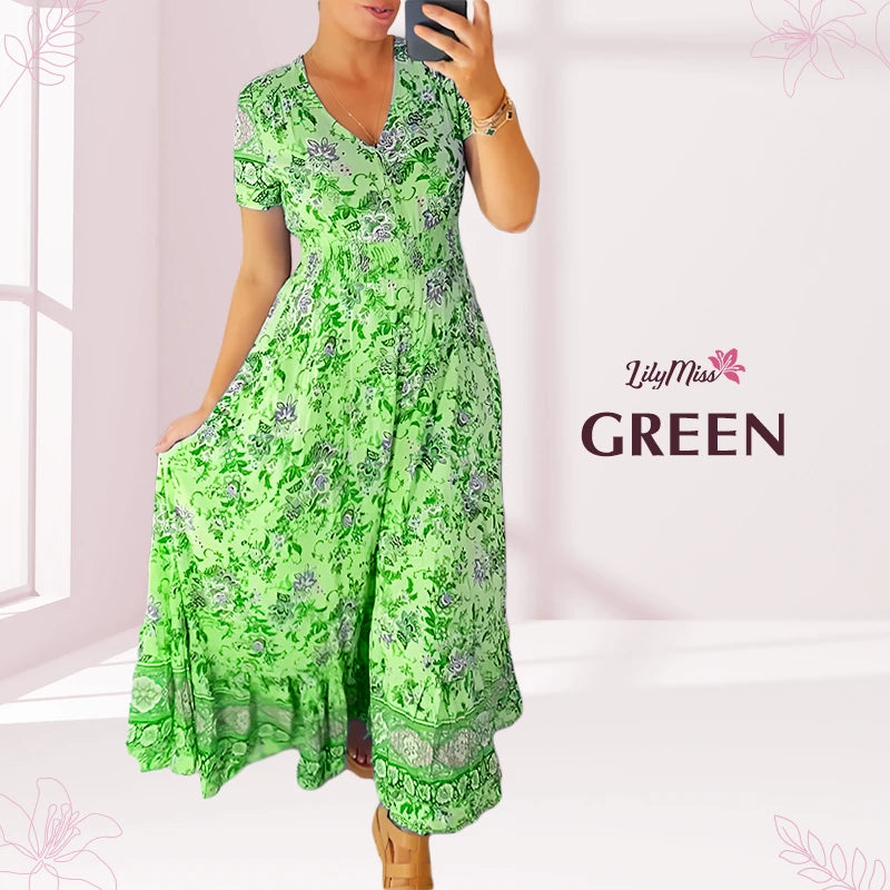 LilyMiss - Floral casual print V-neck shirred waist long dress - Hot Sale 50% Off