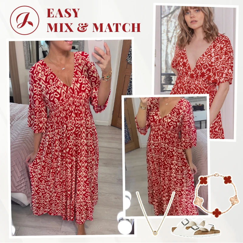 Janisie - Bohemian casual print V-neck waist wrap long dress