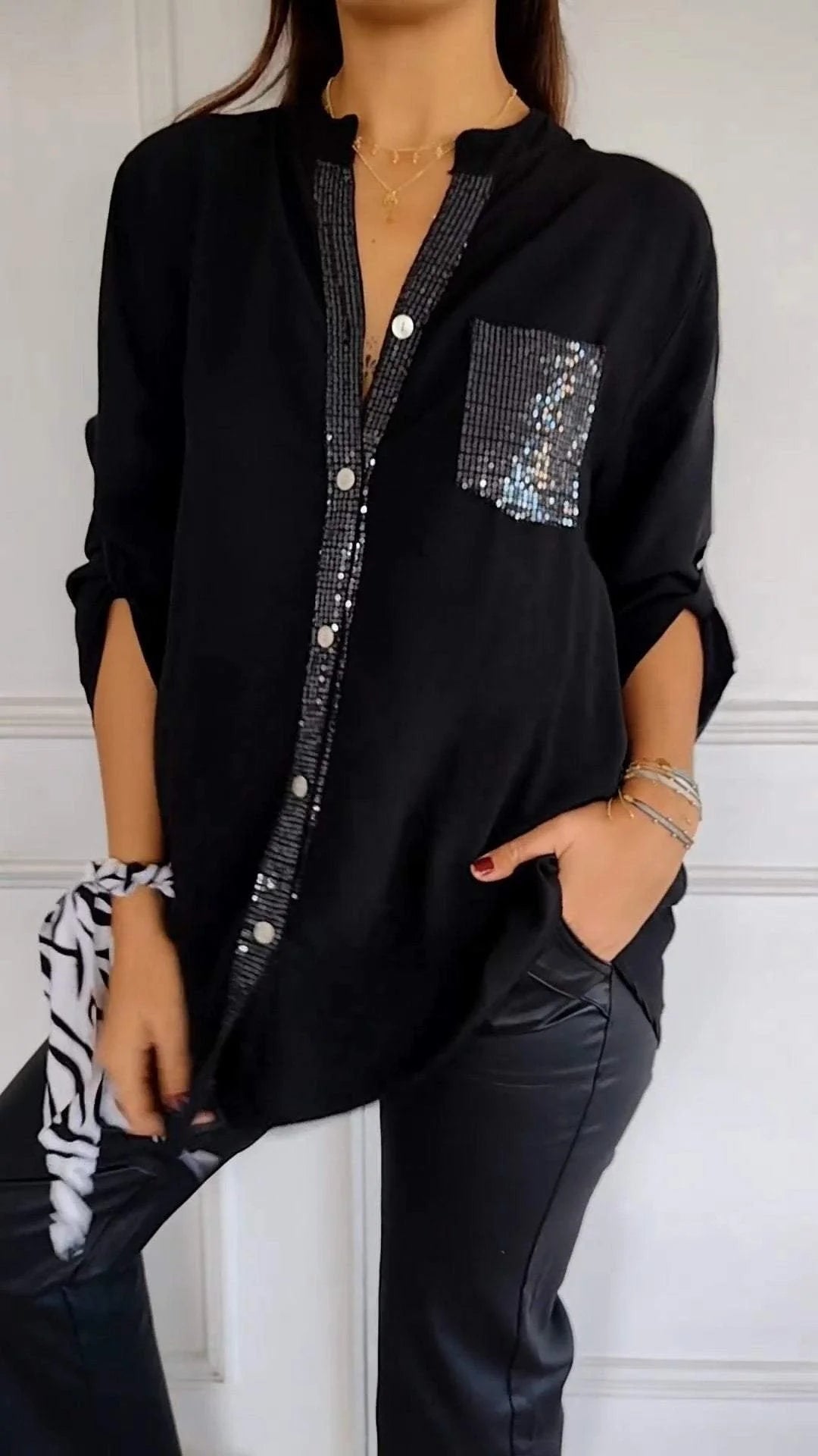 Polyester V-neck Sequin Mid-sleeve Casual Top - Hot Sale 50% Off