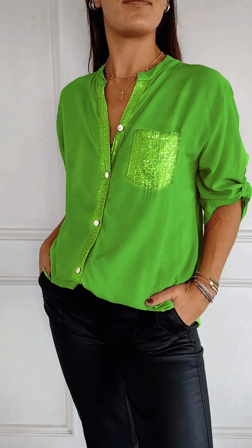 Polyester V-neck Sequin Mid-sleeve Casual Top - Hot Sale 50% Off