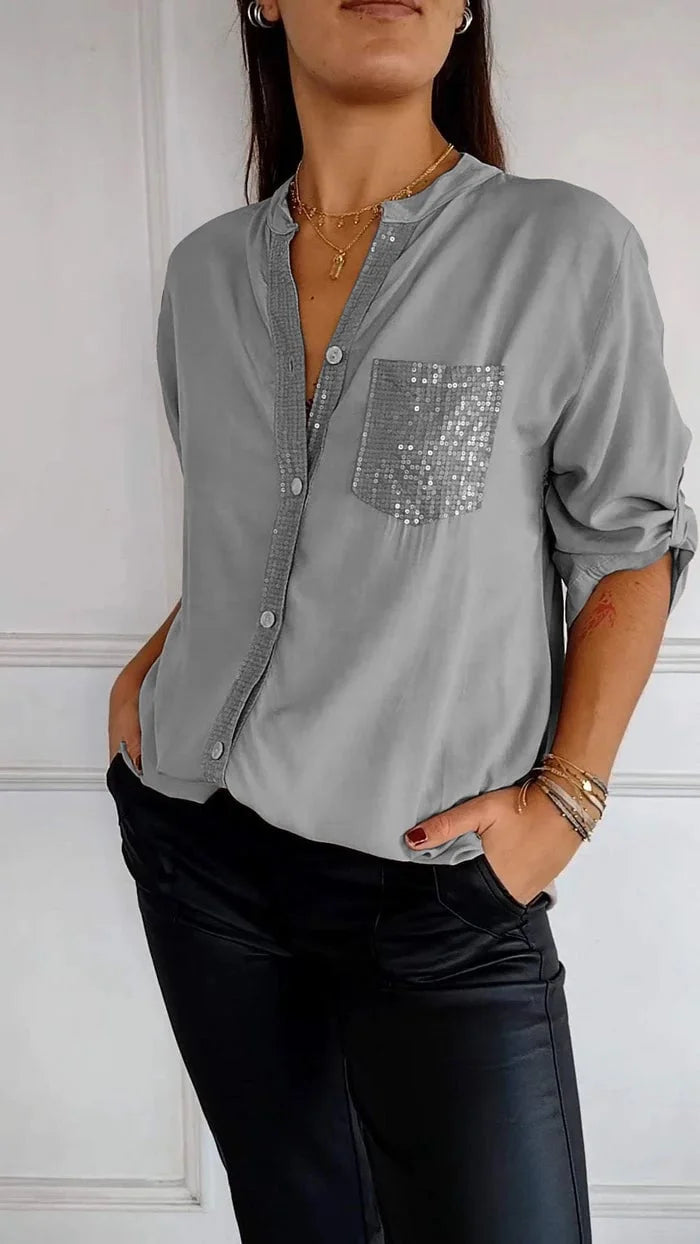 Polyester V-neck Sequin Mid-sleeve Casual Top - Hot Sale 50% Off