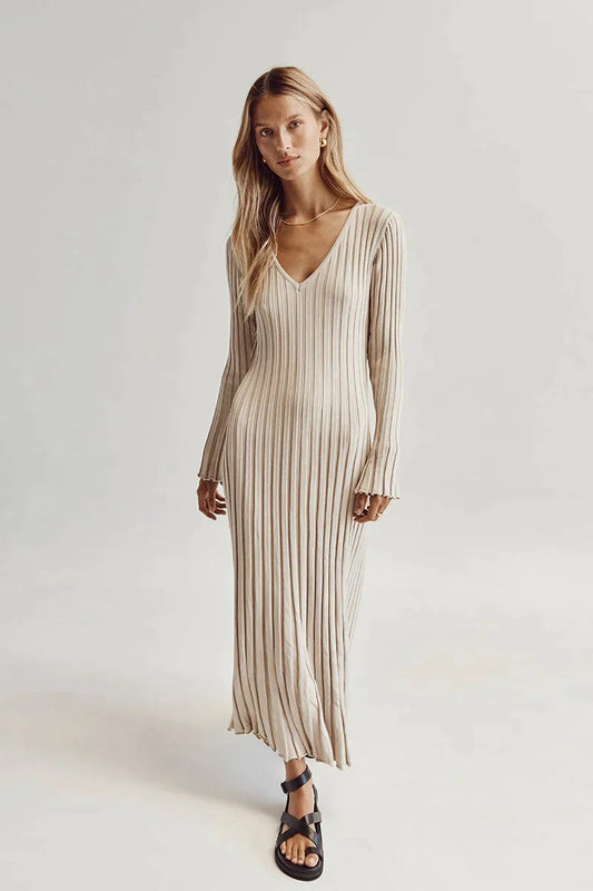 V-Neck Sleeved Knit Midi Dress