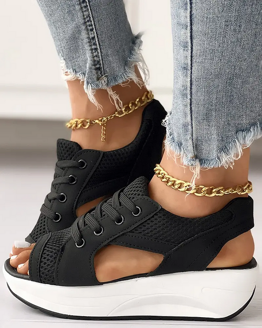 CONTRAST PANELED CUTOUT LACE-UP MUFFIN SANDALS